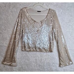 Champagne Sequin Lace Up Long Sleeve Crop Top Sz L Maximalist Glam Sparkle #513‎
